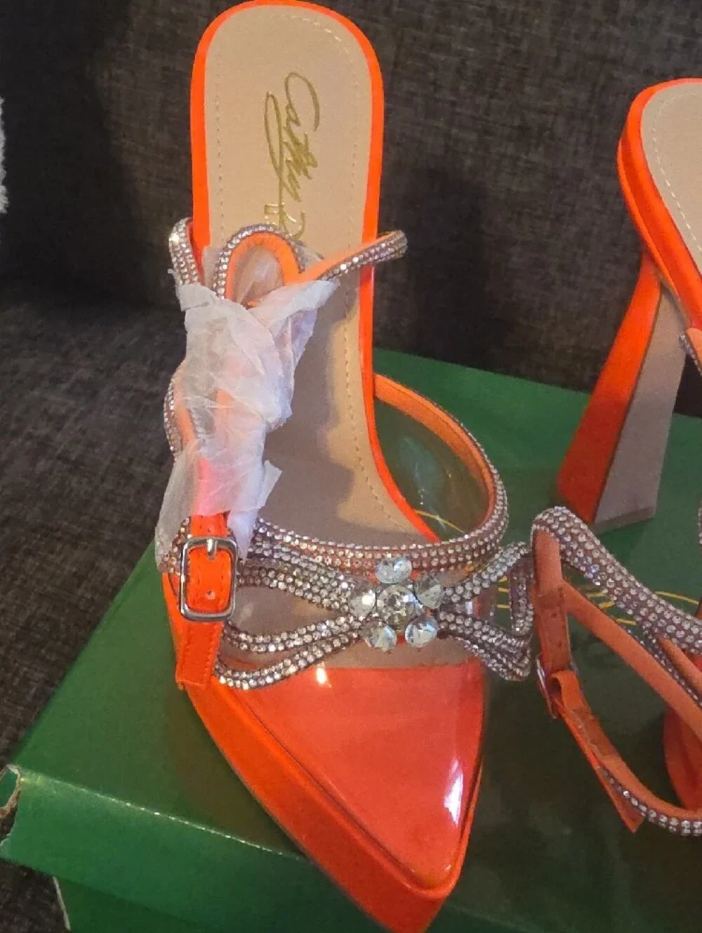 Cathy Din-Women's Orange Rhinestone Platform Heeled Sandals
